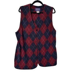 Vintage Mary Rose Sport Argyle Fleece Sweater Vest Womens L Red Navy Fisherman